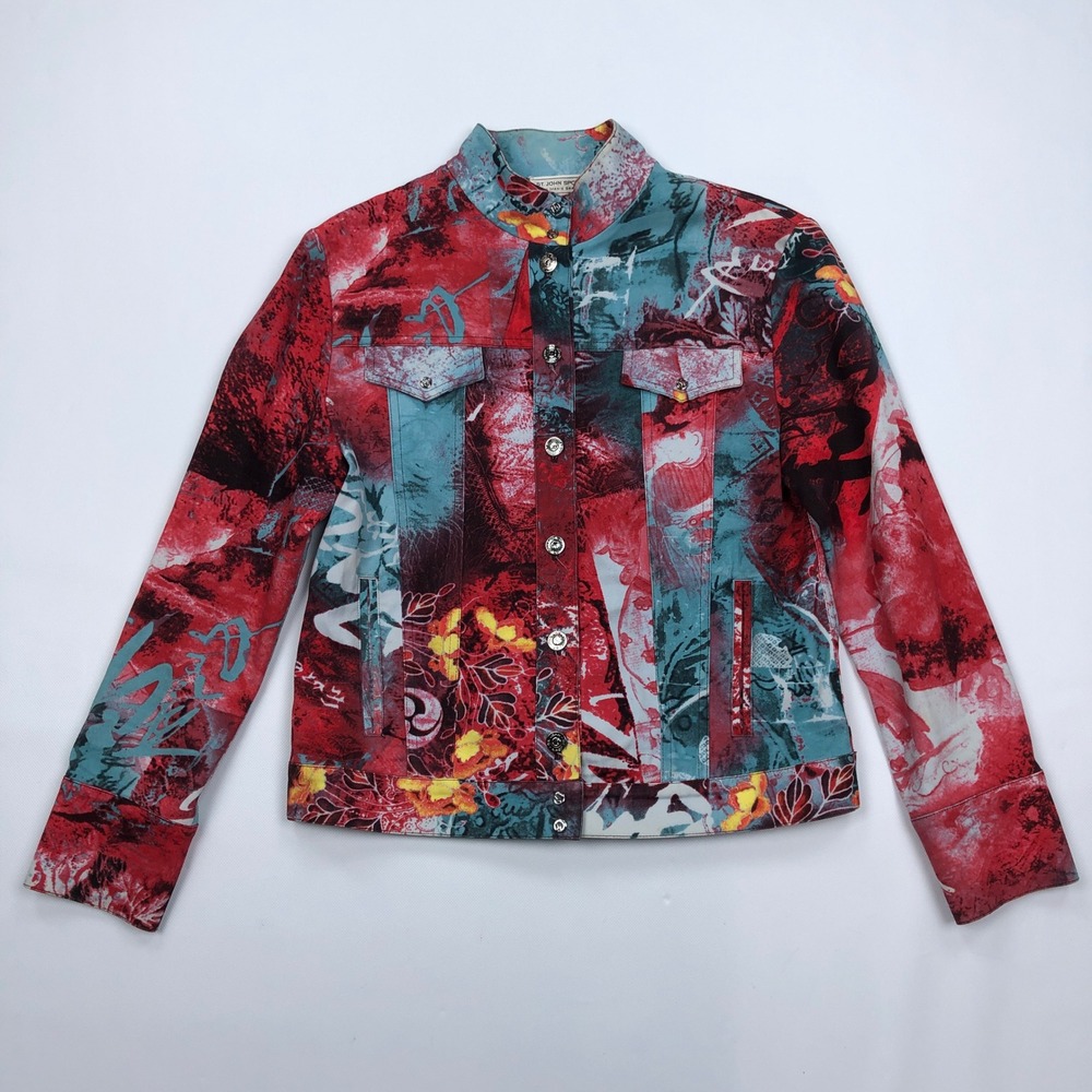 St John Sport Marie Gray Asian Print Jacket Red Teal Womens Medium